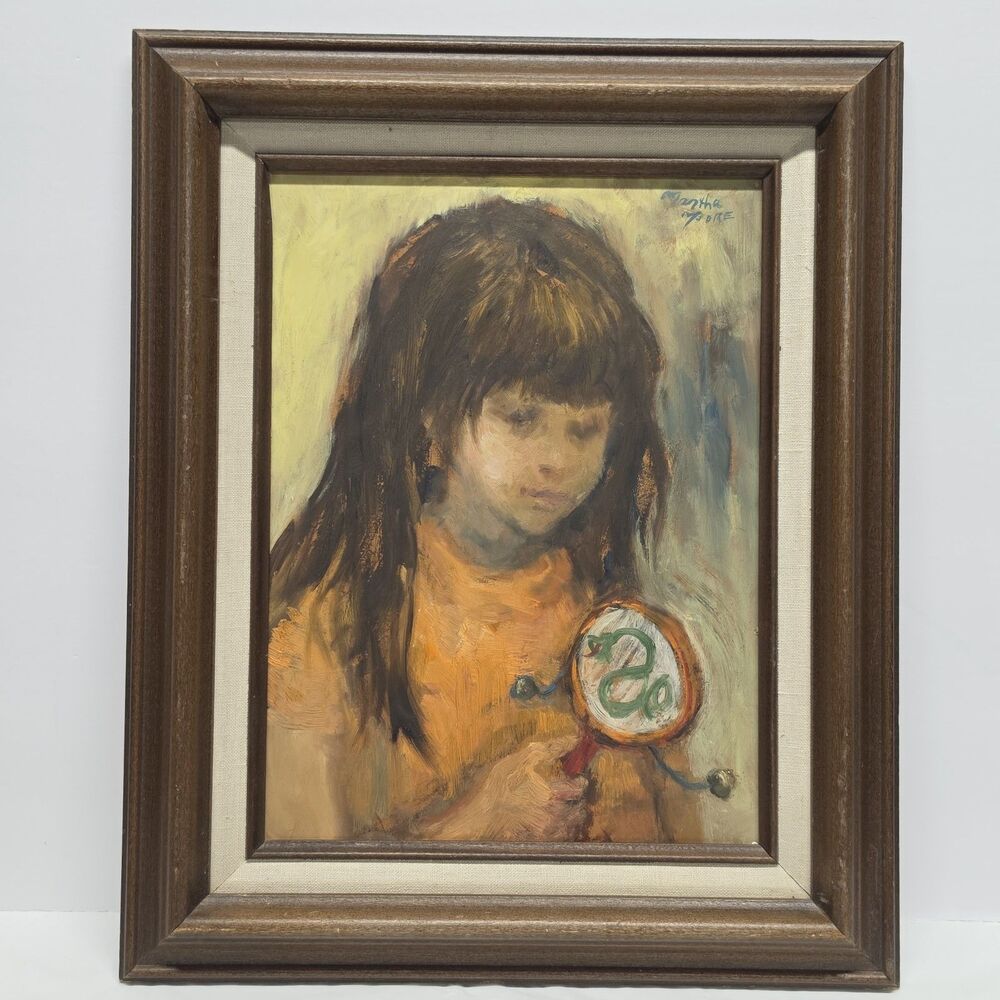 Martha Moore 1950s Portrait Girl w Hand Drum Listed Rockport & New Jersey Artist